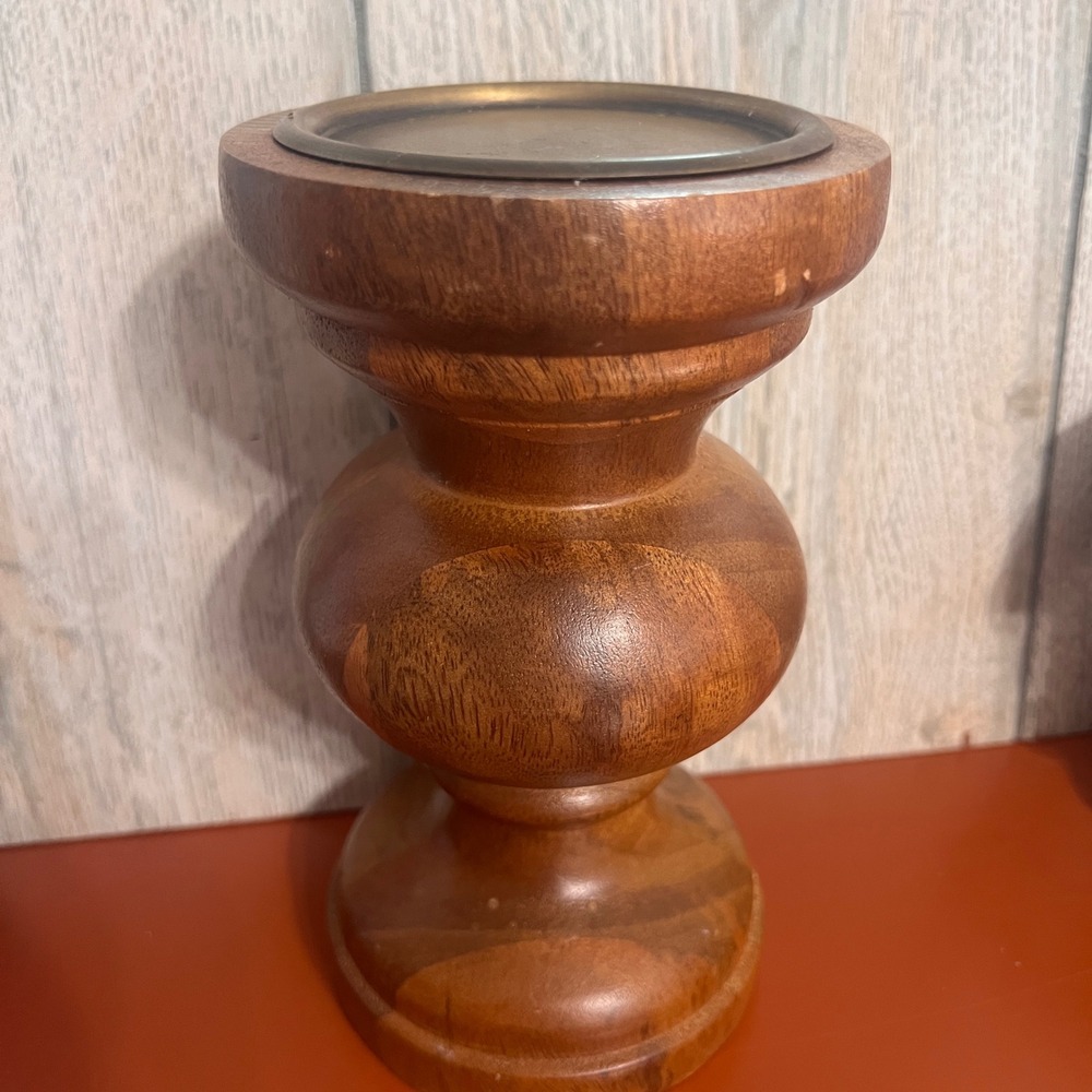 Vintage Turned Wood Pillar Candle Holder Brown Farmhouse Rustic Home Decor 7.5in